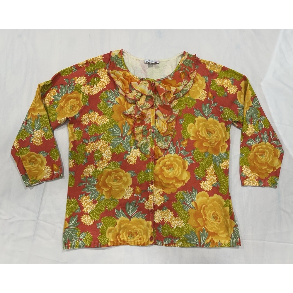 Isaac Mizrahi Floral Ruffle 3/4 Sleeve Lightweight Cardigan Size Large Artsy EUC